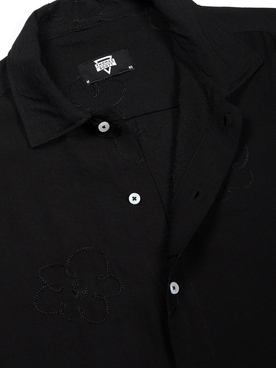 Thomas Scott Men Black Regular Fit Short Sleeves Cuban Collar Embroidered Shirt