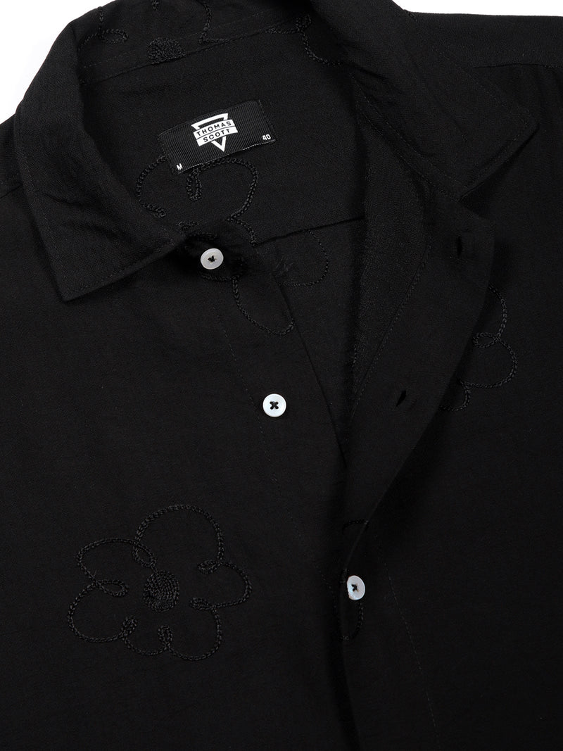 Thomas Scott Men Black Regular Fit Short Sleeves Cuban Collar Embroidered Shirt