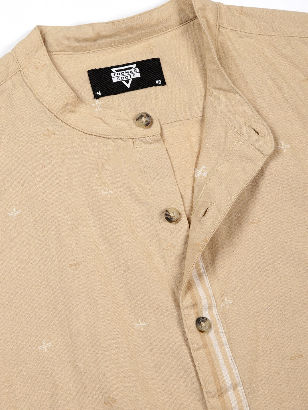 Thomas Scott Men Beige Slim Fit Short Sleeve Mandarin Collar Cotton Casual Shirt