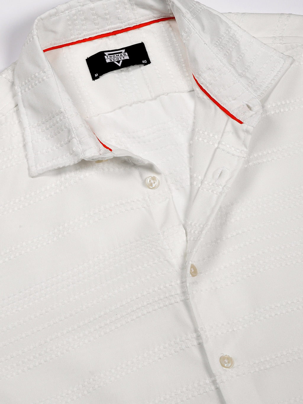 Thomas Scott Men White Slim Fit Cutaway Collar Long Sleeves Self Design Casual Shirt