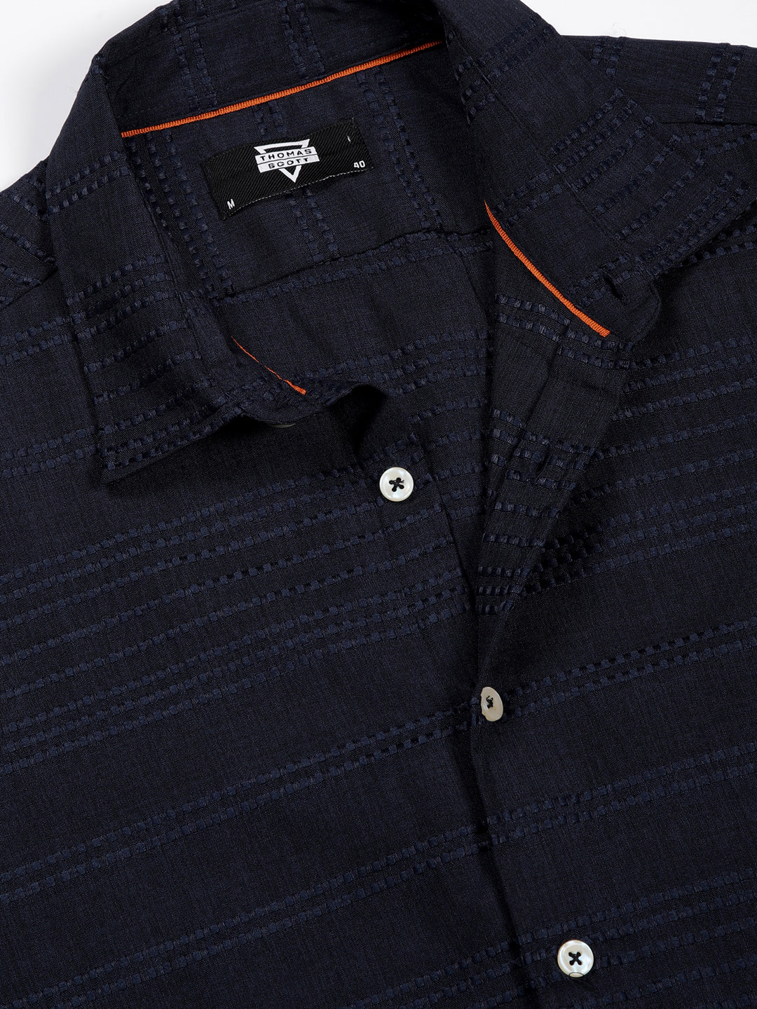 Thomas Scott Men Navy Slim Fit Cutaway Collar Long Sleeves Self Design Casual Shirt