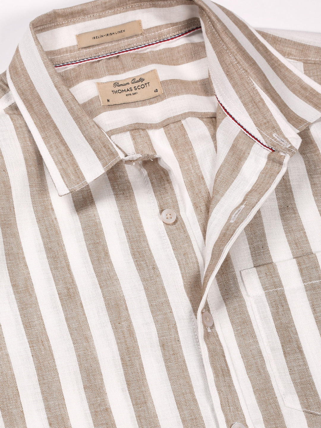 Thomas Scott Men Brown Slim Fit Short Sleeves Vertical Striped Linen Shirt