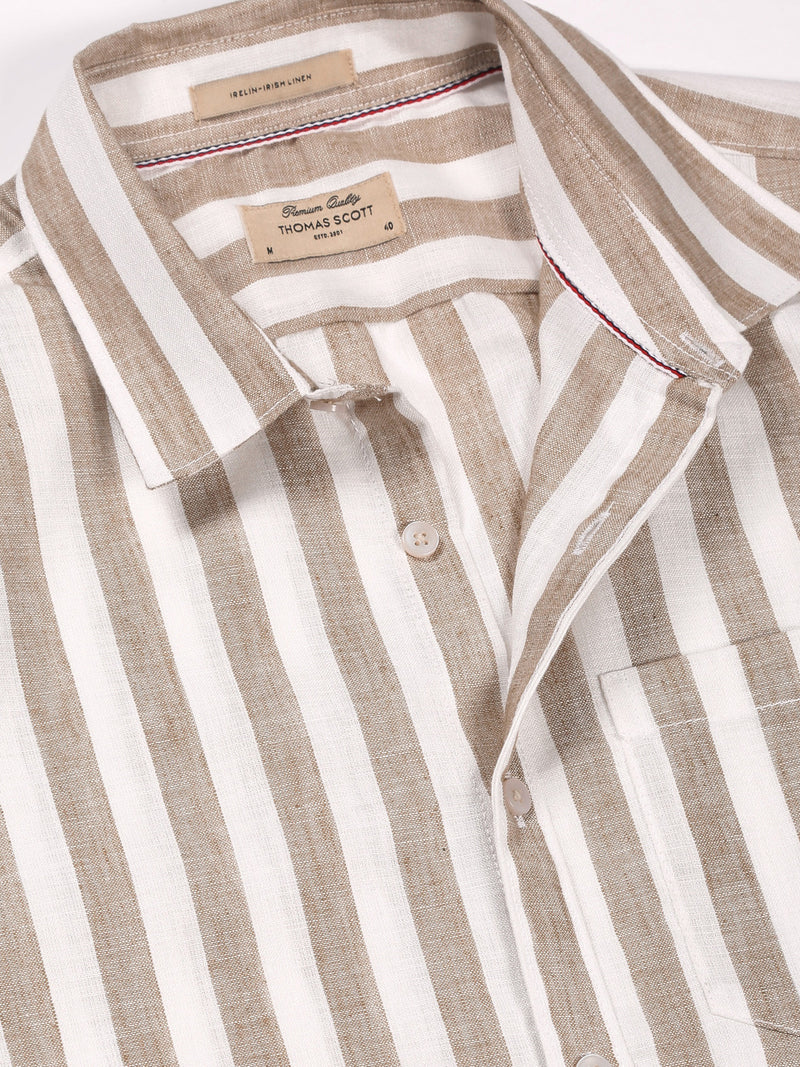 Thomas Scott Men Brown Slim Fit Short Sleeves Vertical Striped Linen Shirt