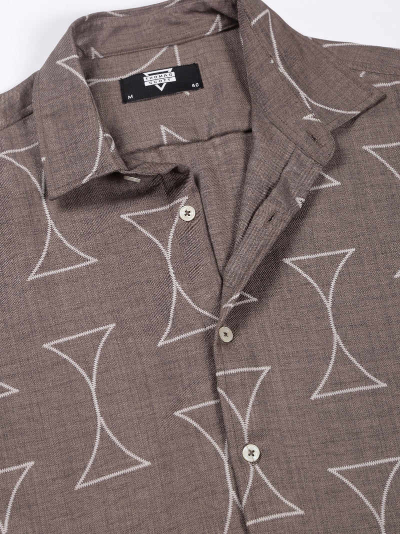 Thomas Scott Men Brown Slim Fit Short Sleeves Geometric Print Casual Shirt