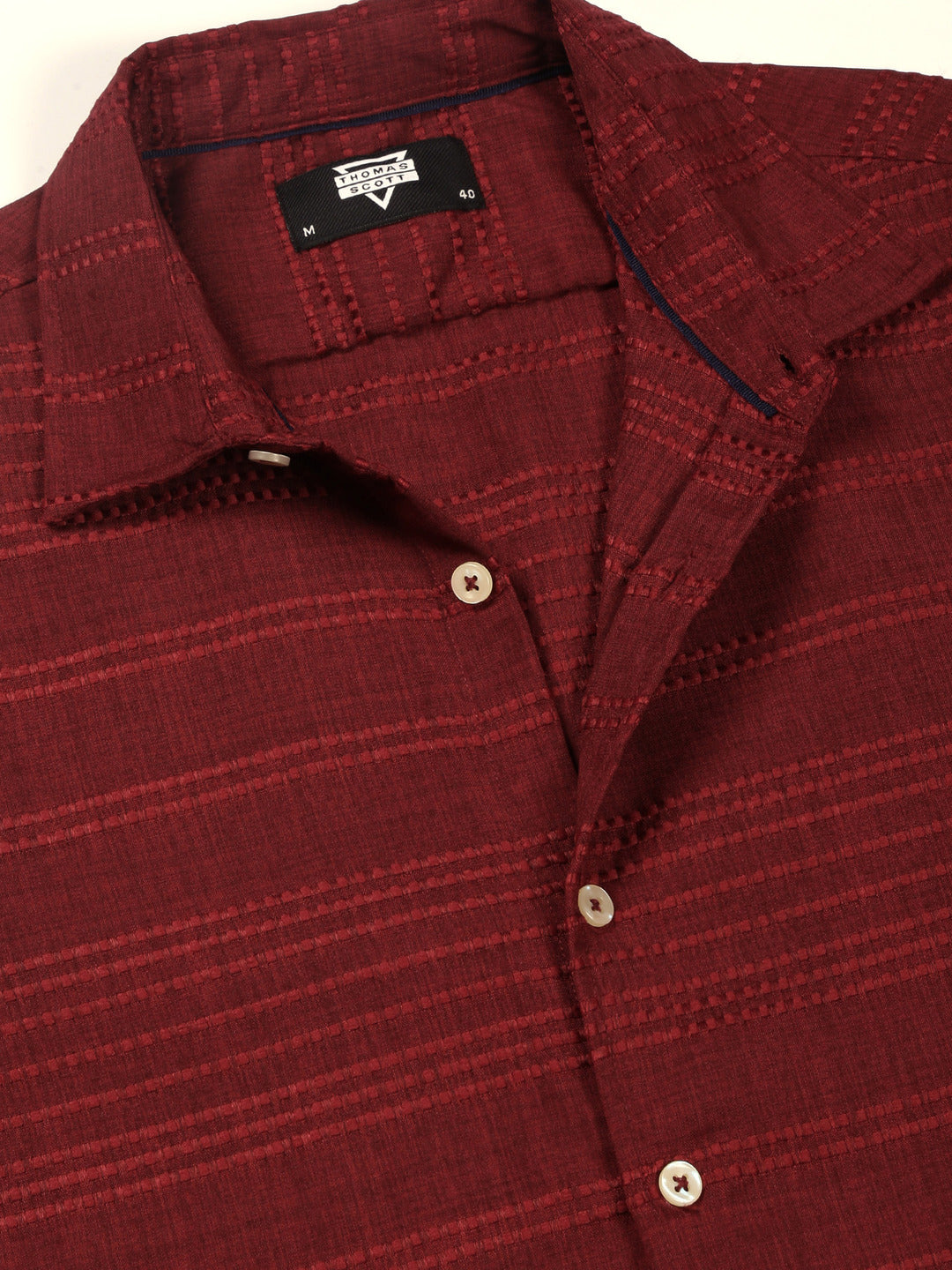 Thomas Scott Men Red Slim Fit Short Sleeves Horizontal Stripes Casual Shirt