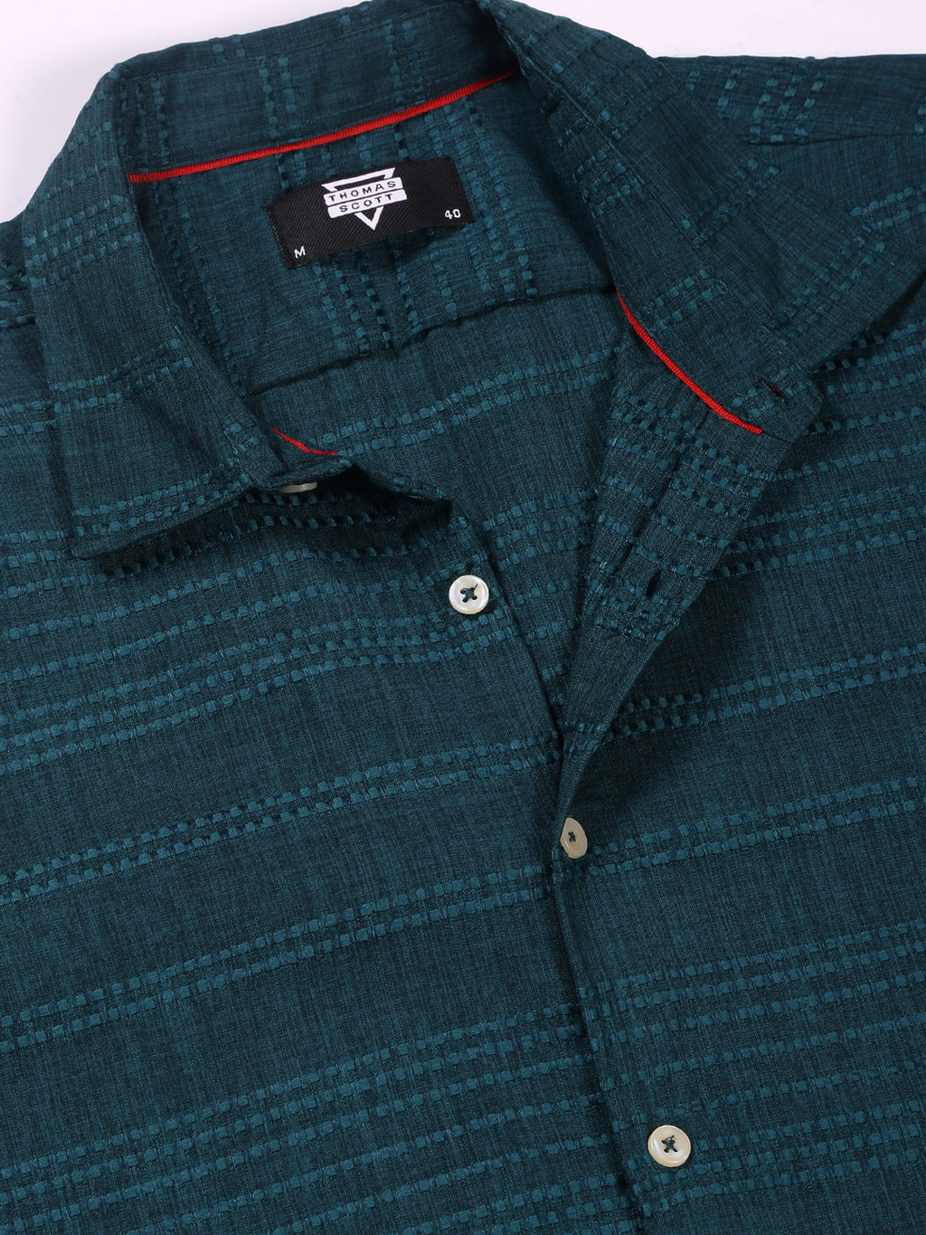 Thomas Scott Men Teal Slim Fit Short Sleeves Horizontal Stripes Casual Shirt