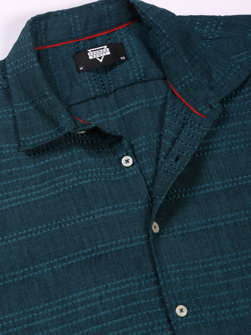 Thomas Scott Men Teal Slim Fit Short Sleeves Horizontal Stripes Casual Shirt