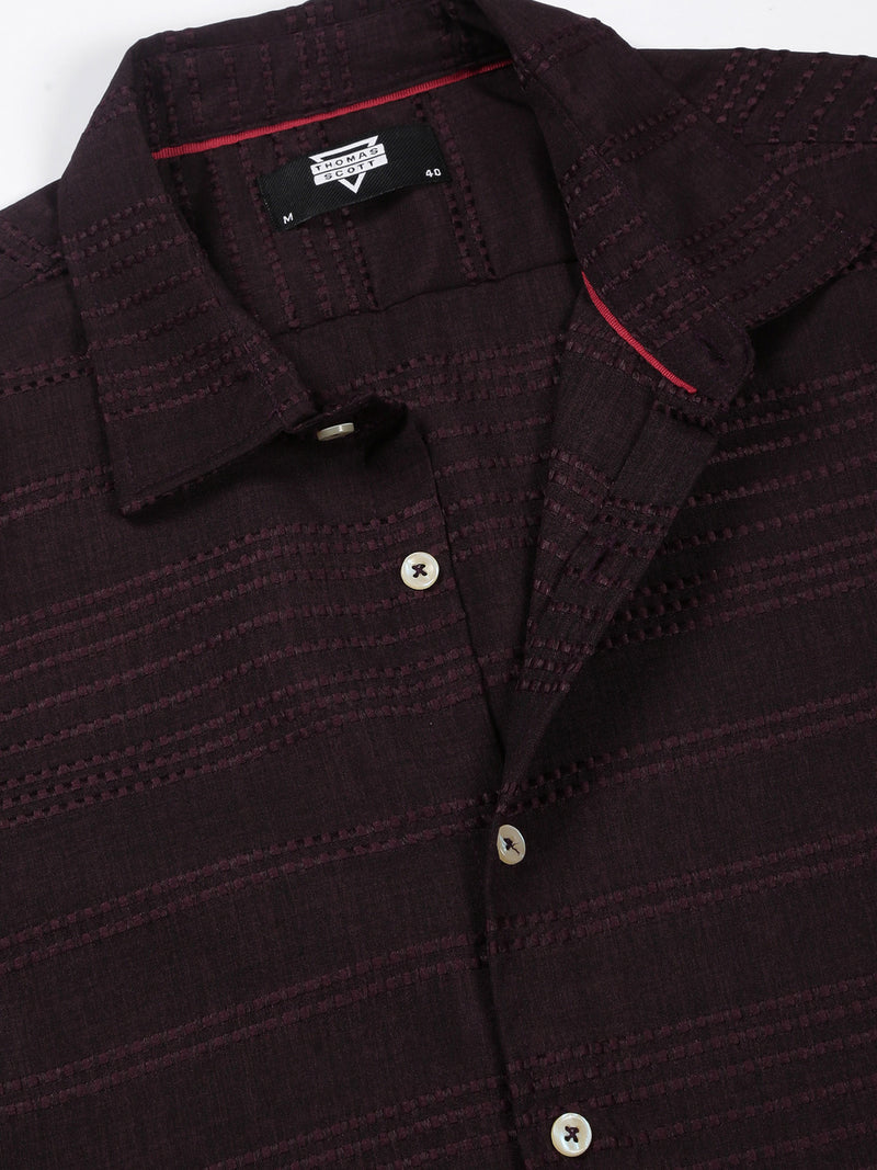 Thomas Scott Men Wine Slim Fit Short Sleeves Horizontal Stripes Casual Shirt