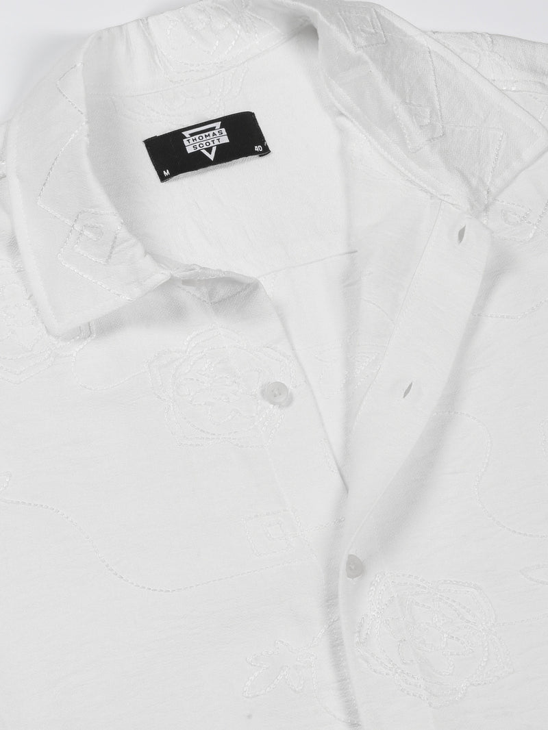 Thomas Scott Men White Regular Fit Short Sleeves Spread Collar Embroidered Shirt
