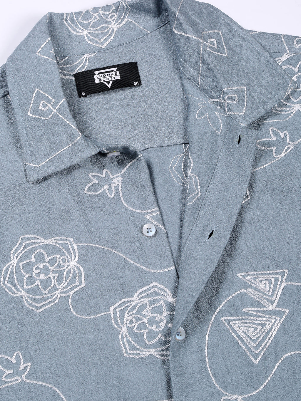 Thomas Scott Men Blue Regular Fit Short Sleeves Spread Collar Embroidered Shirt