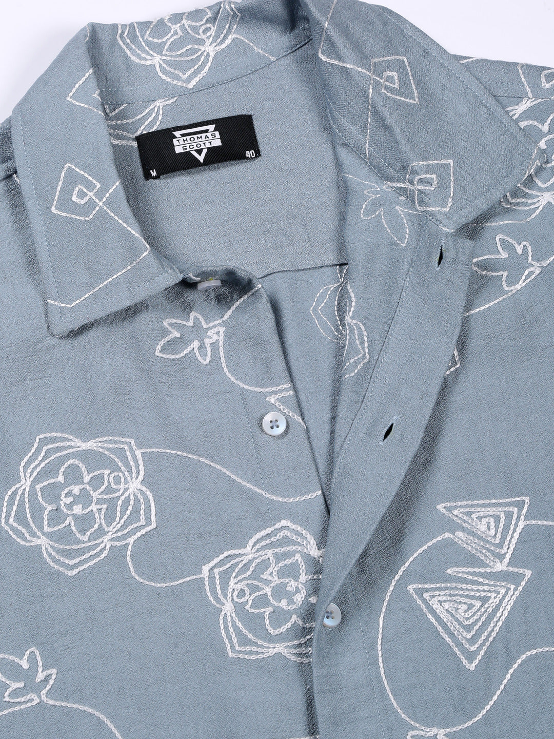 Thomas Scott Men Blue Regular Fit Short Sleeves Spread Collar Embroidered Shirt