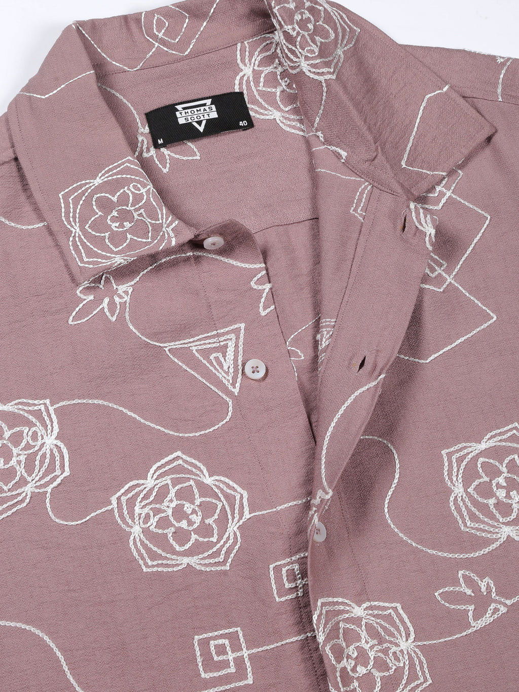 Thomas Scott Men Pink Regular Fit Short Sleeves Spread Collar Embroidered Shirt