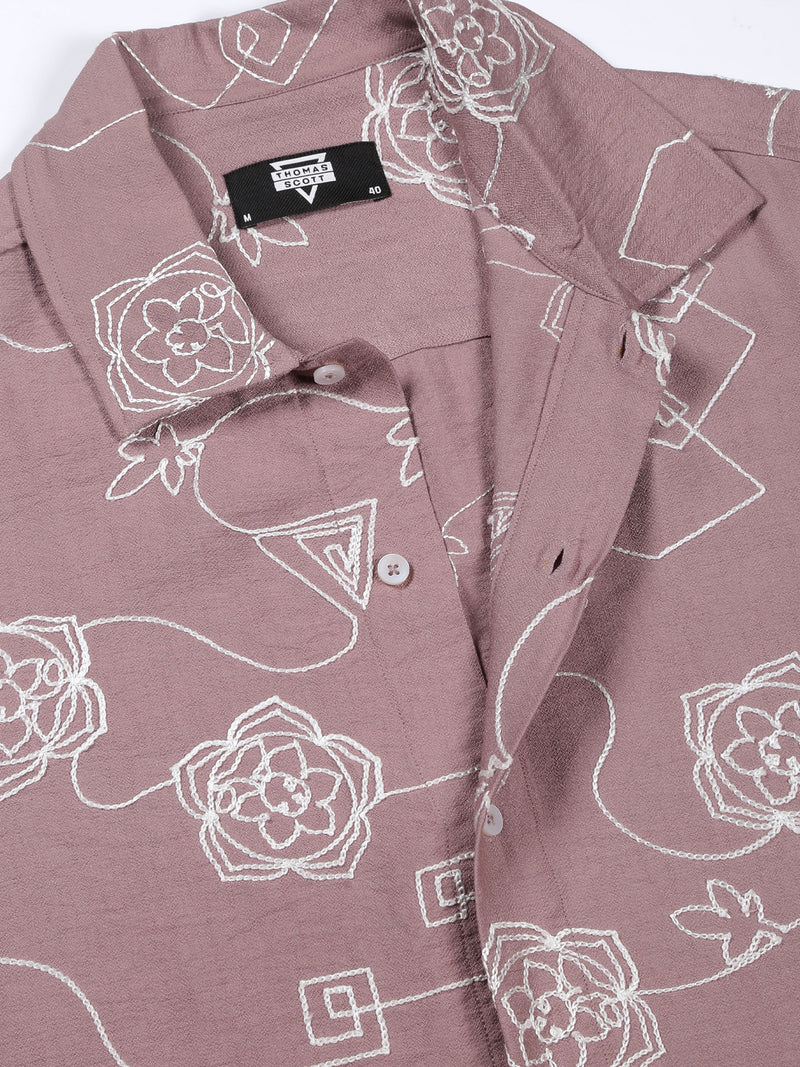 Thomas Scott Men Pink Regular Fit Short Sleeves Spread Collar Embroidered Shirt