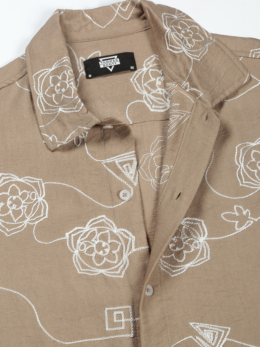 Thomas Scott Men Beige Regular Fit Short Sleeves Spread Collar Embroidered Shirt