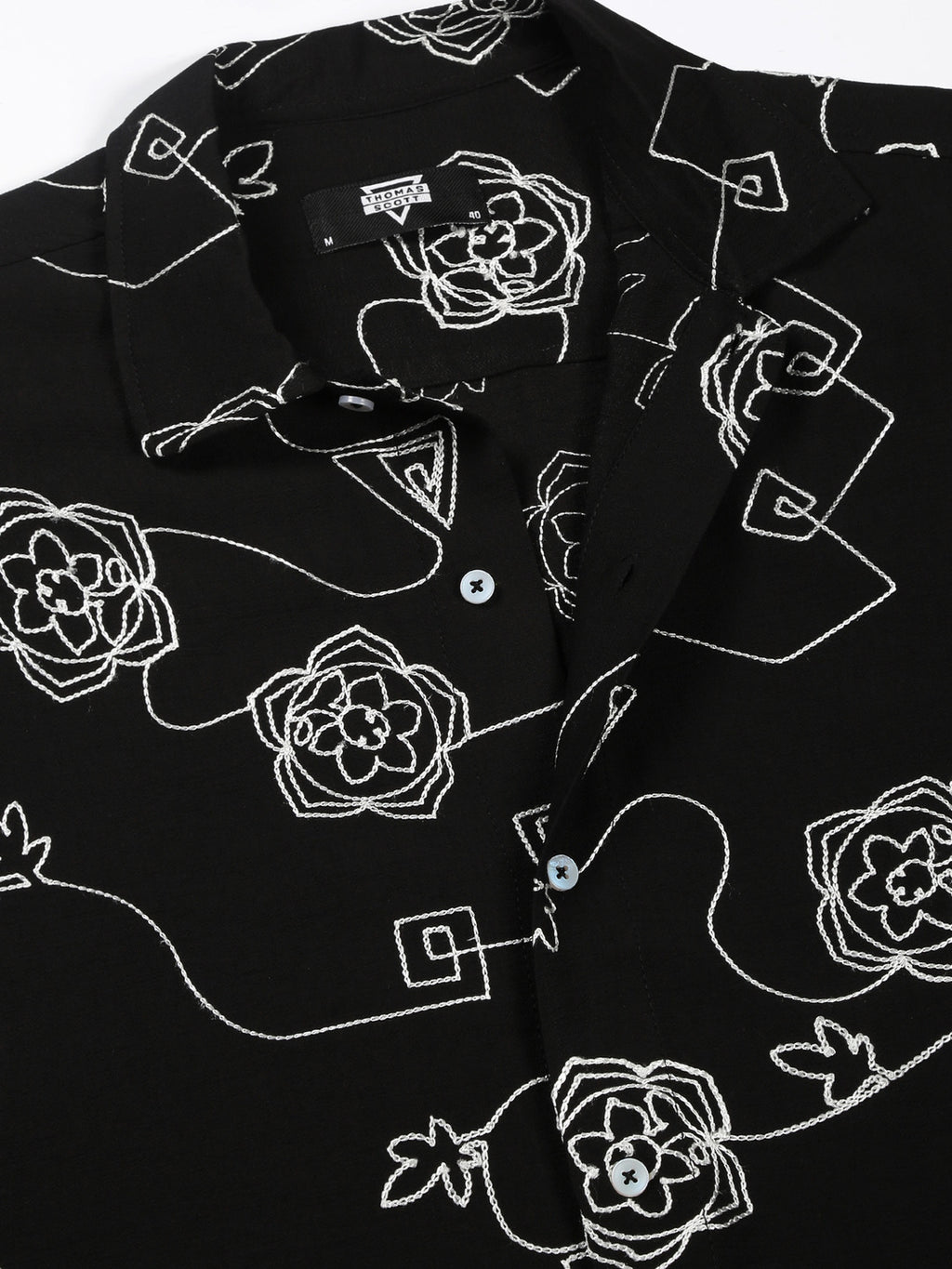 Thomas Scott Men Black Regular Fit Short Sleeves Spread Collar Embroidered Shirt