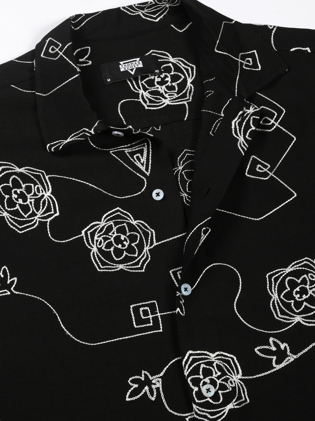 Thomas Scott Men Black Regular Fit Short Sleeves Spread Collar Embroidered Shirt