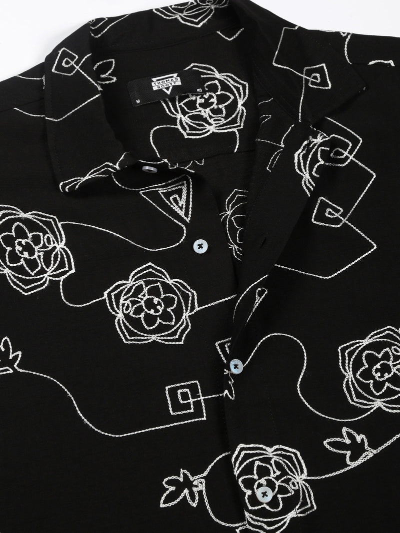 Thomas Scott Men Black Regular Fit Short Sleeves Spread Collar Embroidered Shirt
