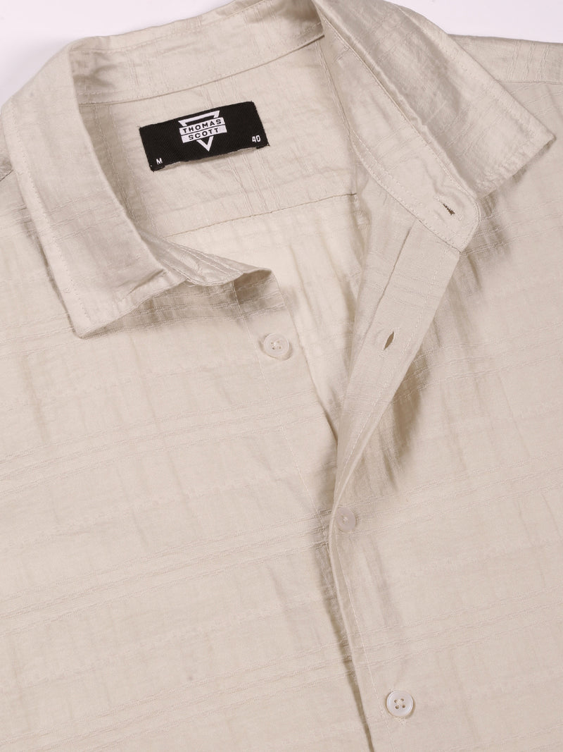 Thomas Scott Men Cream Slim Fit Long Sleeves Horizontal Stripes Casual Shirt