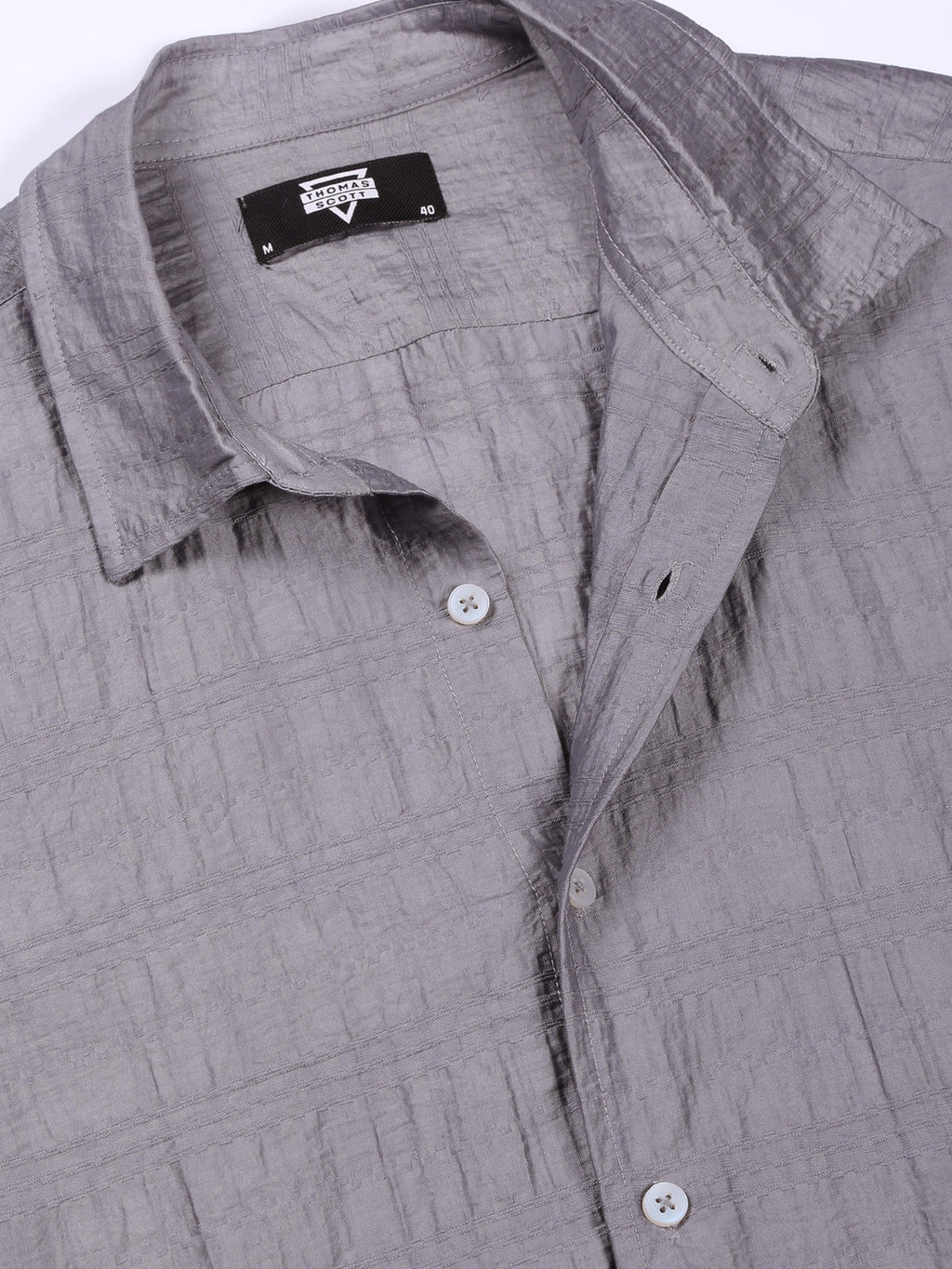 Thomas Scott Men Grey Slim Fit Long Sleeves Horizontal Stripes Casual Shirt