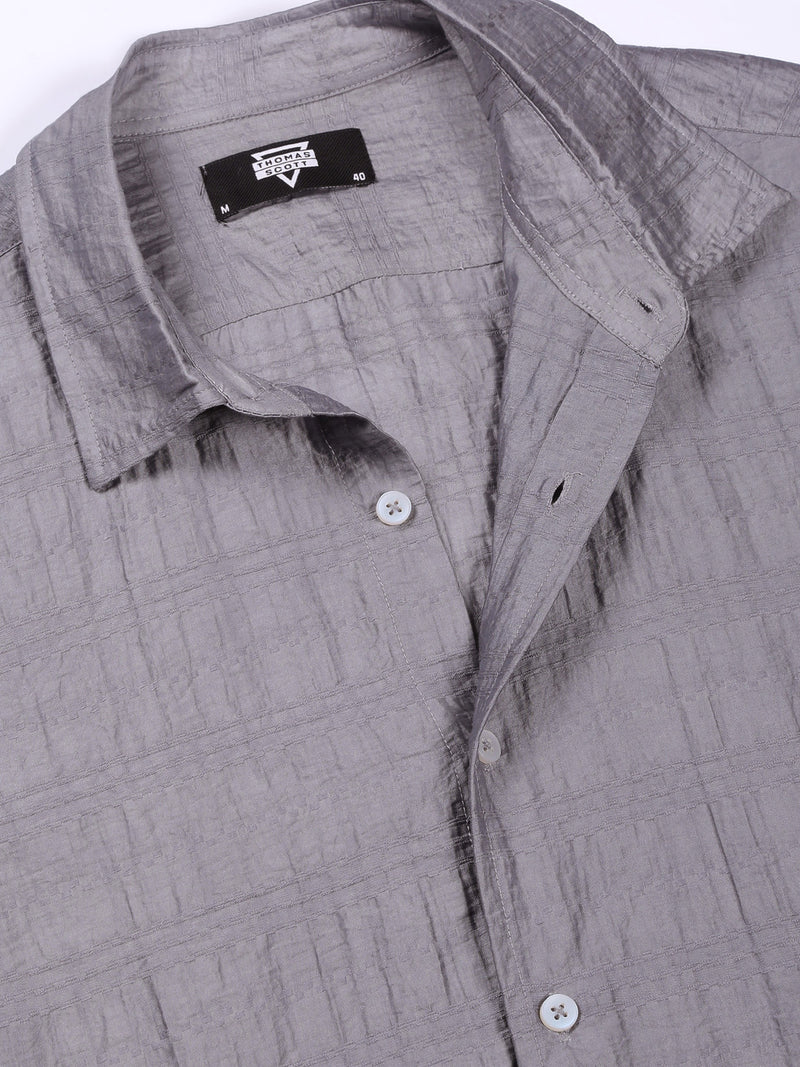Thomas Scott Men Grey Slim Fit Long Sleeves Horizontal Stripes Casual Shirt