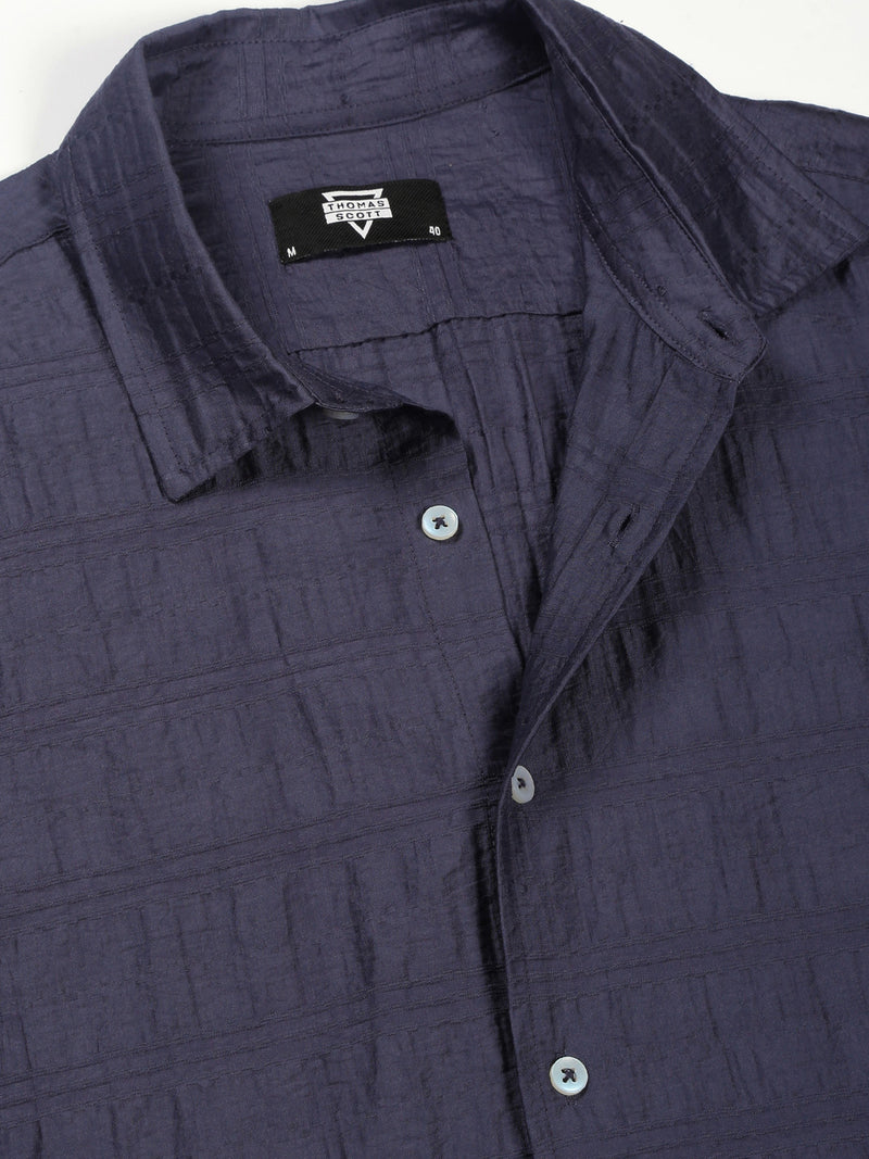 Thomas Scott Men Blue Slim Fit Long Sleeves Horizontal Stripes Casual Shirt