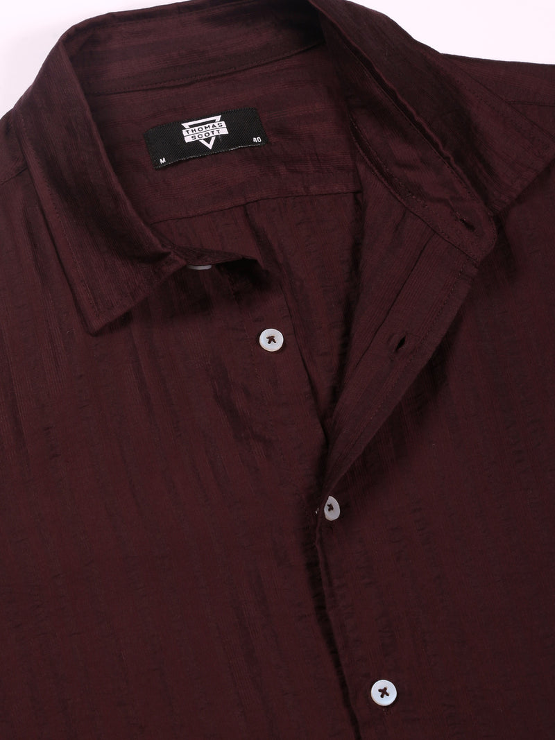 Thomas Scott Men Wine Slim Fit Long Sleeves Vertical Stripes Casual Shirt