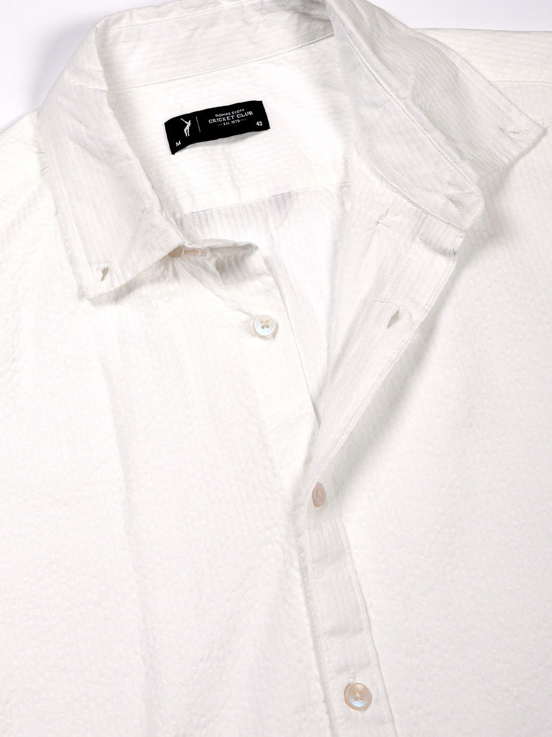 Thomas Scott Men White Reguar Fit Long Sleeves Pinstripes Cotton Casual Shirt