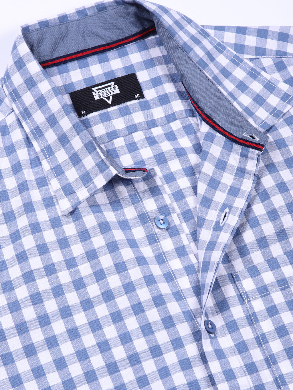 Thomas Scott Men Blue Slim Fit Long Sleeve Gingham Checks Cotton Casual Shirt