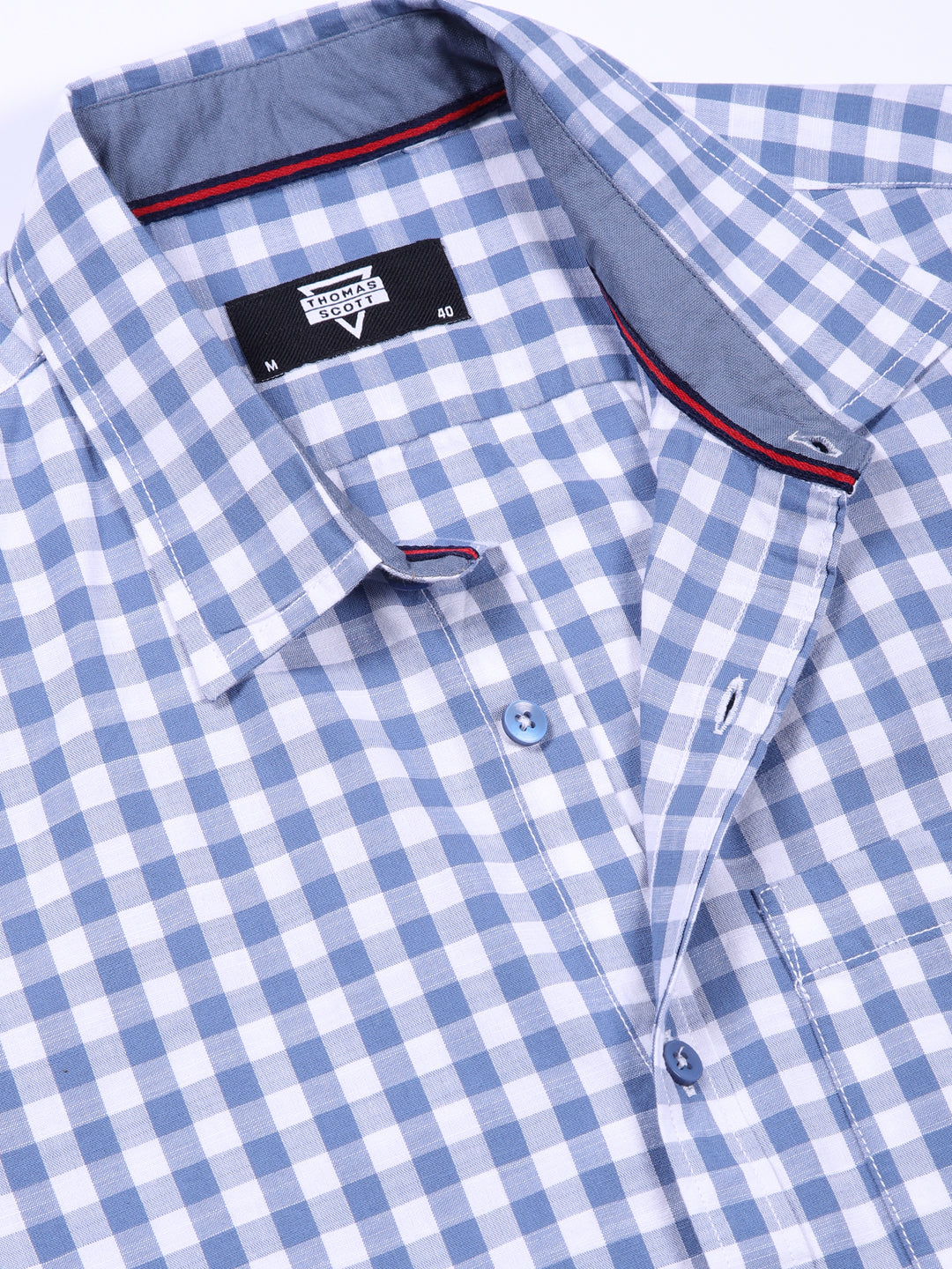Thomas Scott Men Blue Slim Fit Long Sleeve Gingham Checks Cotton Casual Shirt