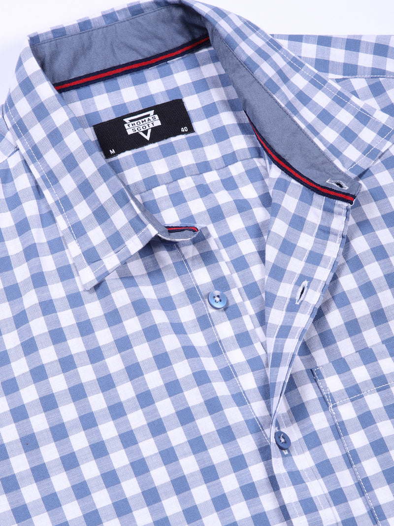 Thomas Scott Men Blue Slim Fit Long Sleeve Gingham Checks Cotton Casual Shirt