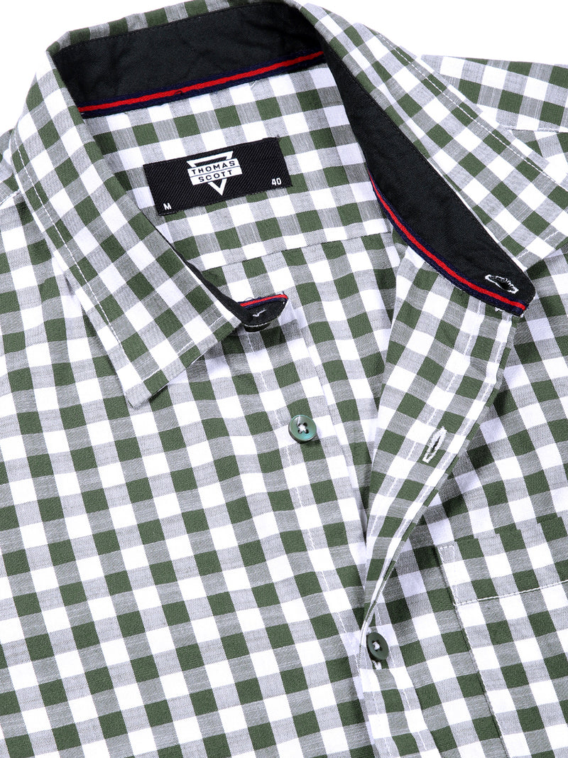 Thomas Scott Men Green Slim Fit Long Sleeve Gingham Checks Cotton Casual Shirt