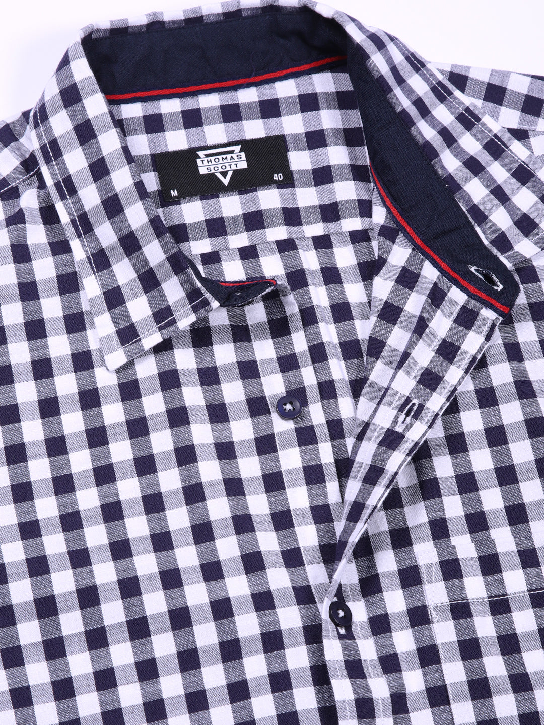 Thomas Scott Men Navy Slim Fit Long Sleeve Gingham Checks Cotton Casual Shirt