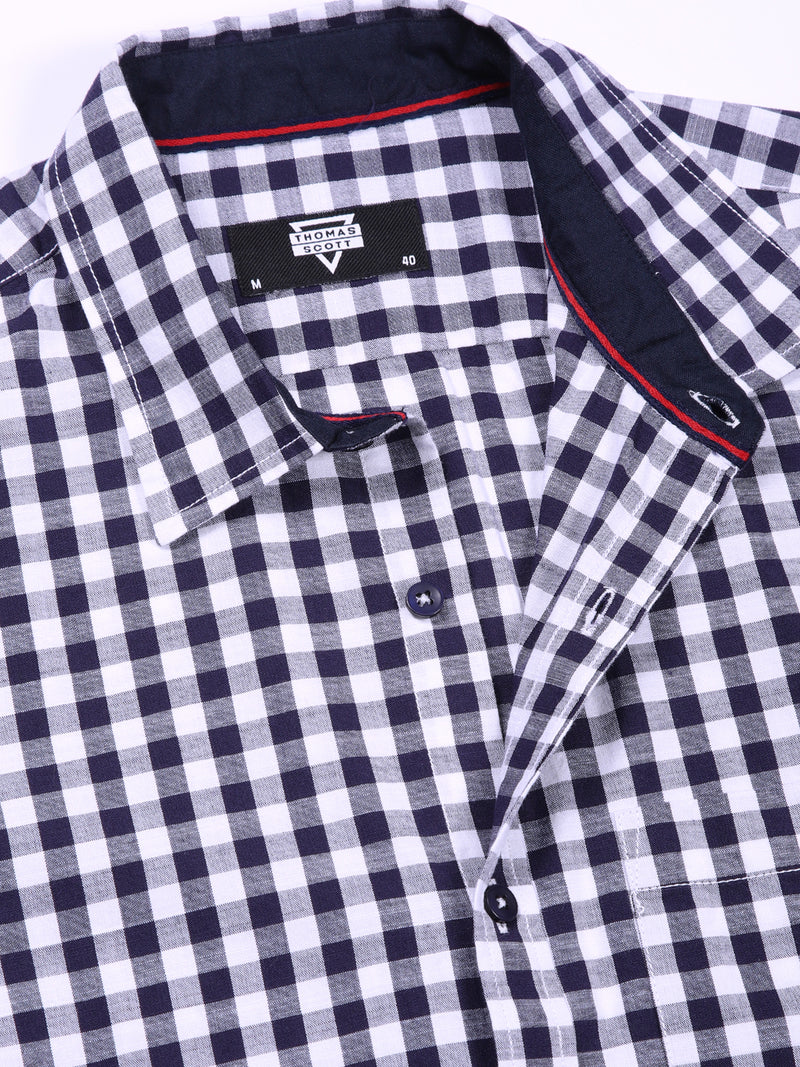 Thomas Scott Men Navy Slim Fit Long Sleeve Gingham Checks Cotton Casual Shirt