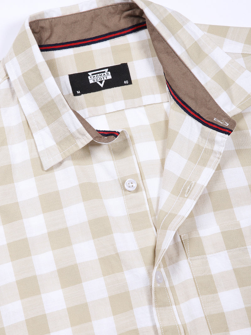 Thomas Scott Men Beige Slim Fit Long Sleeves Tartan Checks Casual Shirt