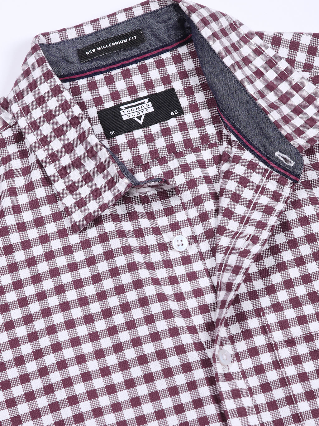 Thomas Scott Men Maroon Slim Fit Long Sleeves Gingham Checks Cotton Woven Casual Shirt