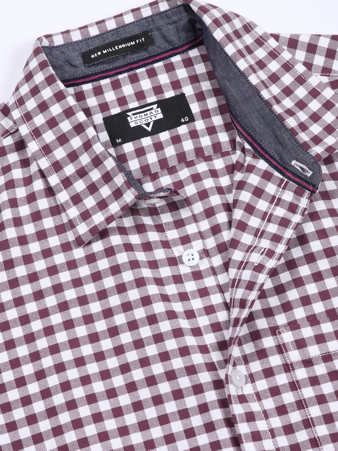 Thomas Scott Men Maroon Slim Fit Long Sleeves Gingham Checks Cotton Woven Casual Shirt