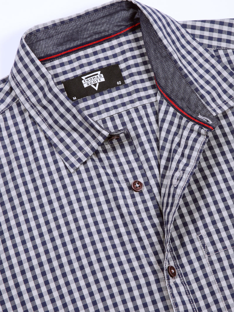 Thomas Scott Men Navy Slim Fit Long Sleeves Gingham Checks Woven Casual Shirt