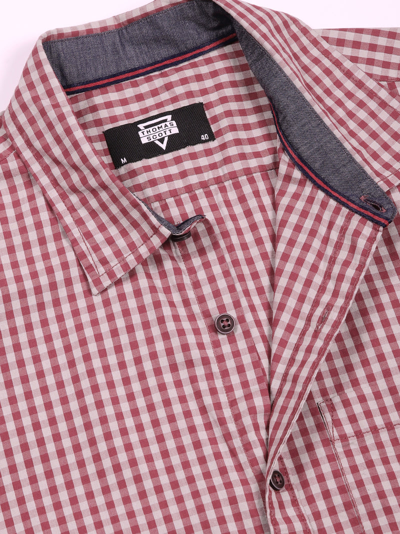 Thomas Scott Men Red Slim Fit Long Sleeves Gingham Checks Cotton Woven Casual Shirt