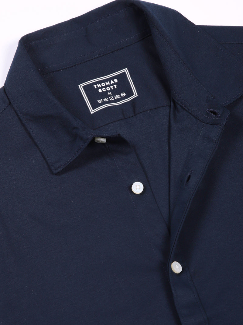 Thomas Scott Men Navy Blue Spread Collar Slim Fit Long Sleeves Solid Knitted Shirt