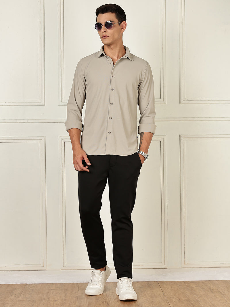 Thomas Scott Men Grey Premium Slim Fit Long Sleeves 4 Way Stretch CoolMax Knitted Casual Shirt