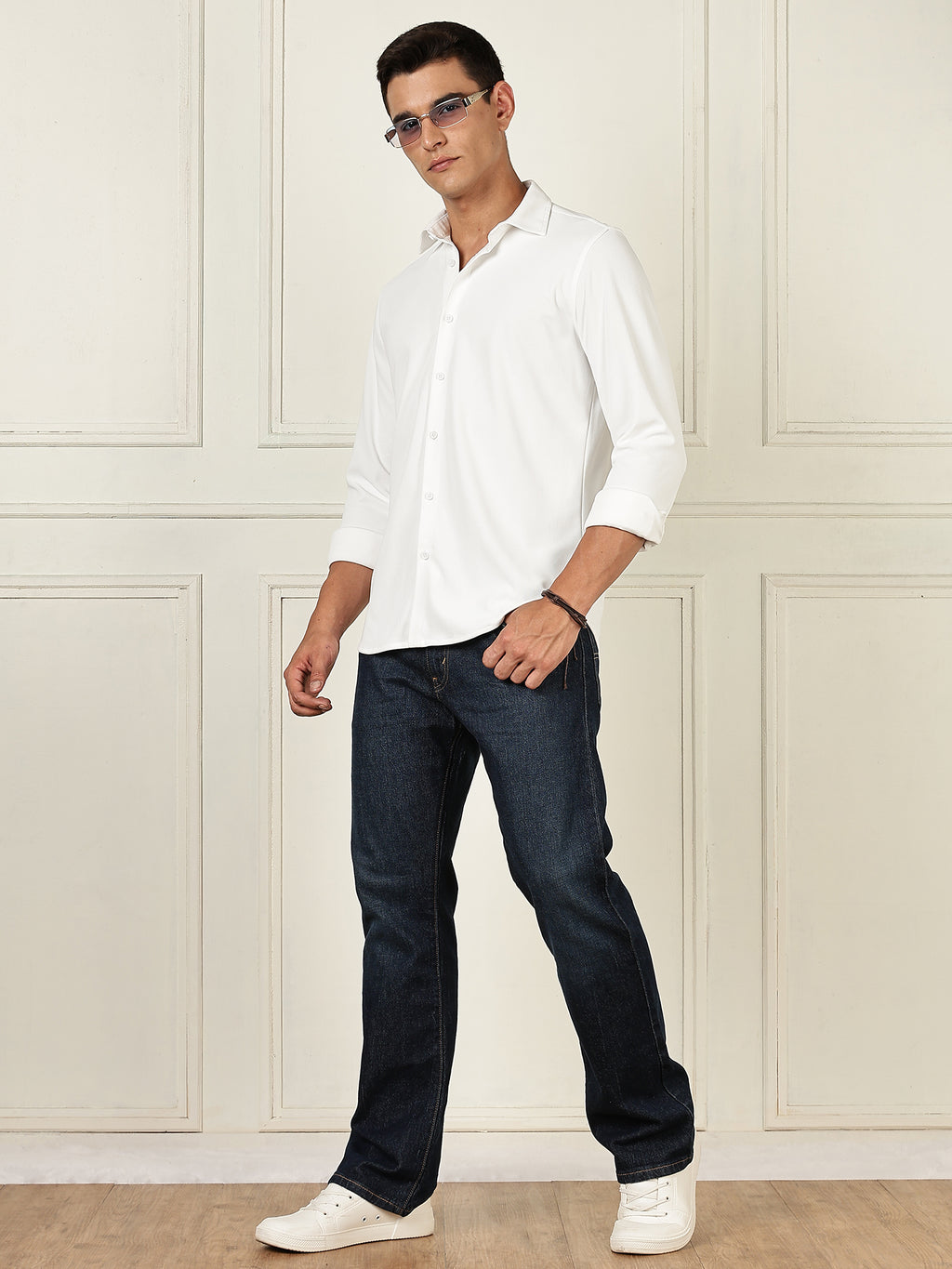 Thomas Scott Men White Premium Slim Fit Long Sleeves 4 Way Stretch CoolMax Knitted Casual Shirt