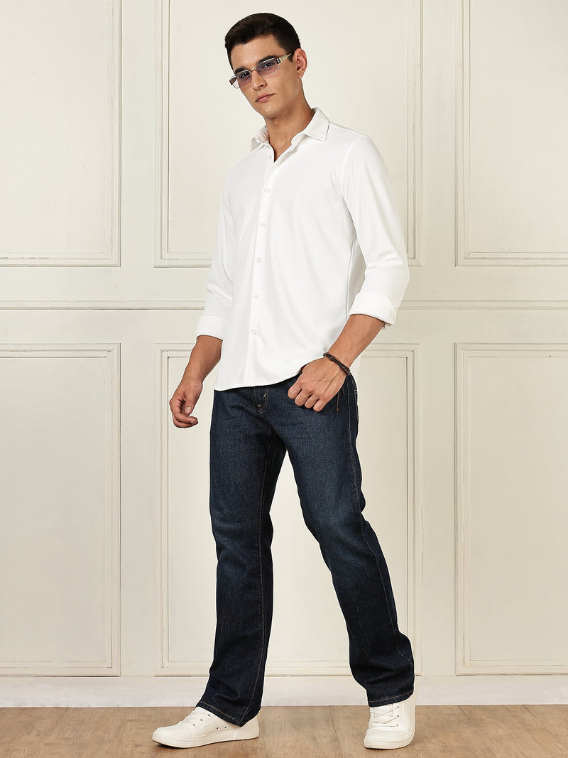 Thomas Scott Men White Premium Slim Fit Long Sleeves 4 Way Stretch CoolMax Knitted Casual Shirt