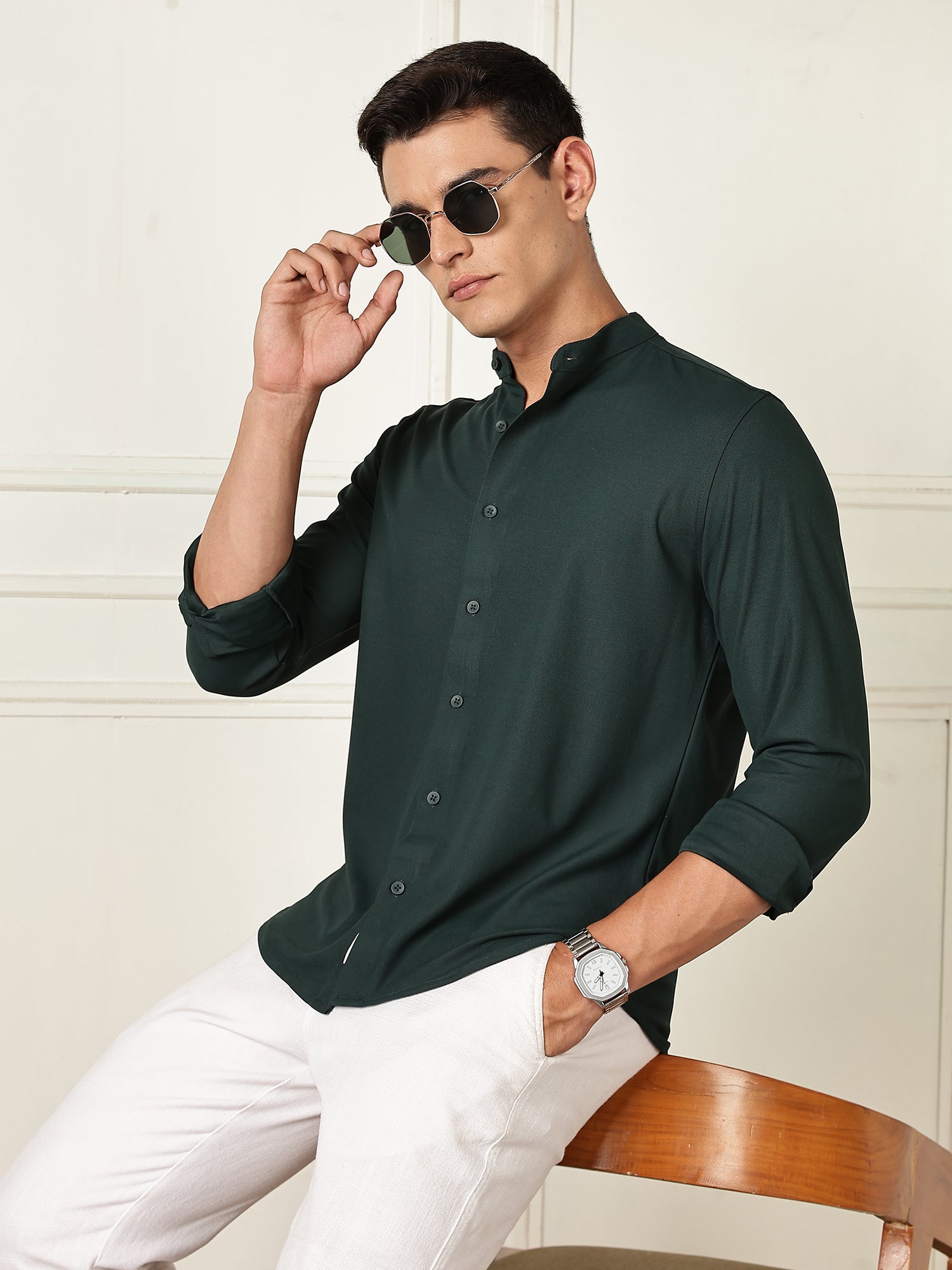 Thomas Scott Men Green Premium Slim Fit Long Sleeves Mandarin Collar 4 Way Stretch CoolMax Knitted Shirt