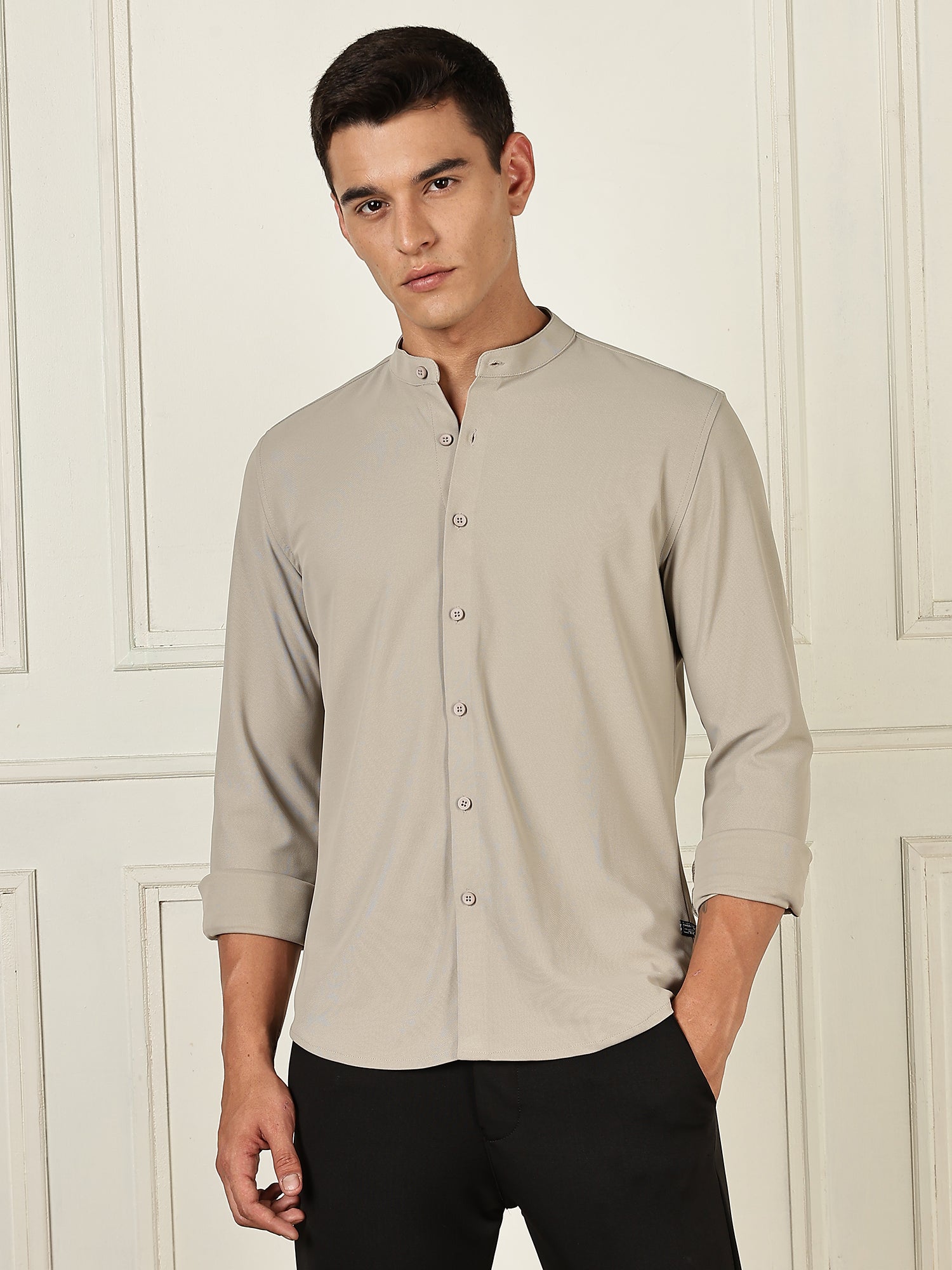 Thomas Scott Men Grey Premium Slim Fit Long Sleeves Mandarin Collar 4 Way Stretch CoolMax Knitted Shirt
