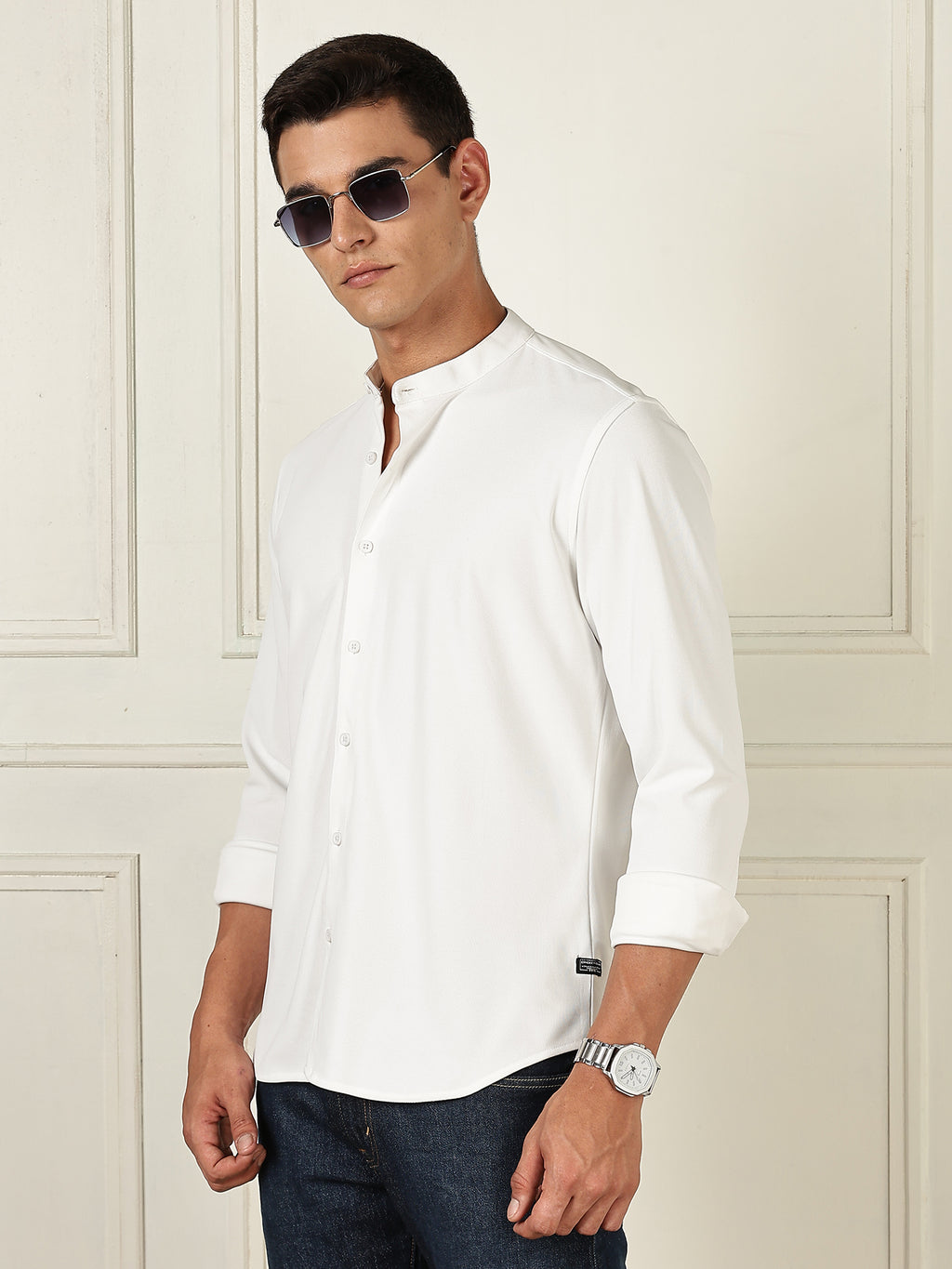 Thomas Scott Men White Premium Slim Fit Long Sleeves Mandarin Collar 4 Way Stretch CoolMax Knitted Shirt