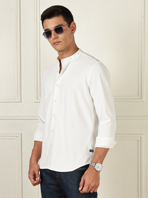 Thomas Scott Men White Premium Slim Fit Long Sleeves Mandarin Collar 4 Way Stretch CoolMax Knitted Shirt