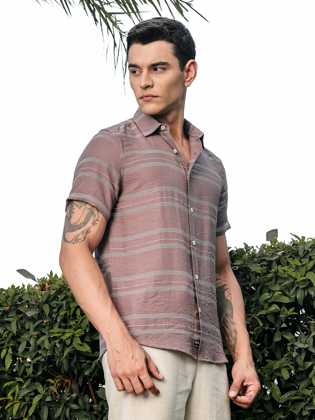 Thomas Scott Men Brown Slim Fit Short Sleeves Horizontal Stripes Woven Casual Shirt