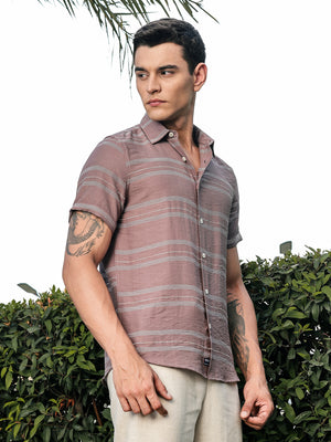 Thomas Scott Men Brown Slim Fit Short Sleeves Horizontal Stripes Woven Casual Shirt