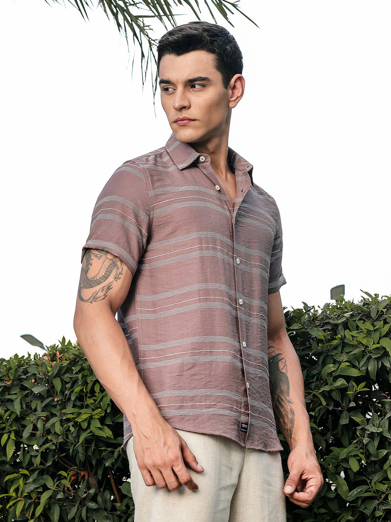 Thomas Scott Men Brown Slim Fit Short Sleeves Horizontal Stripes Woven Casual Shirt