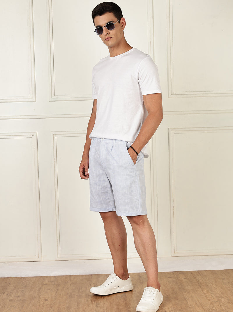 Thomas Scott Men Blue Mid-Rise Straight Fit Micro Checks Woven Linen Shorts